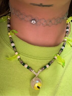 Handcrafted Green Bead Necklace with Yellow Glass Pendant (Choker not included)